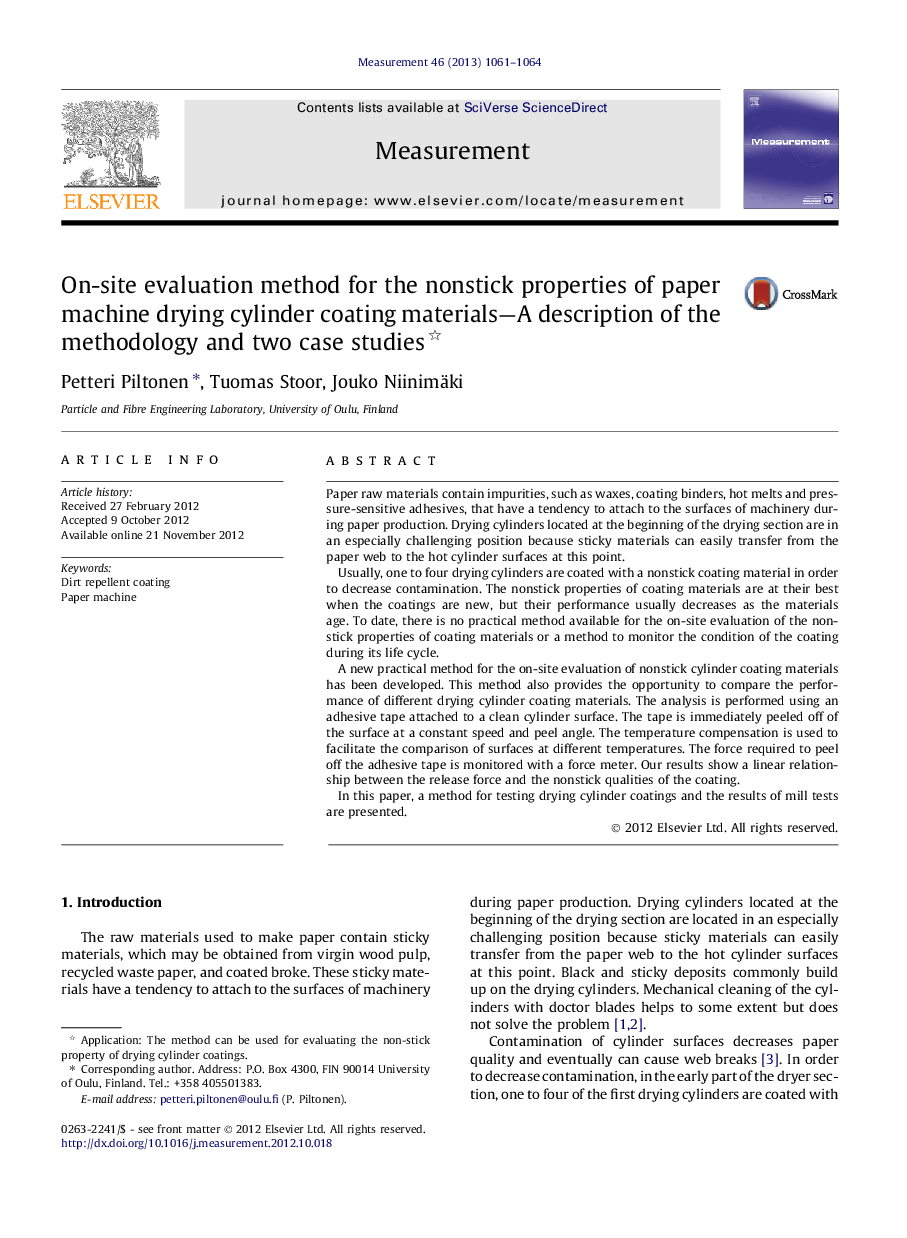 On-site evaluation method for the nonstick properties of paper machine drying cylinder coating materials—A description of the methodology and two case studies 