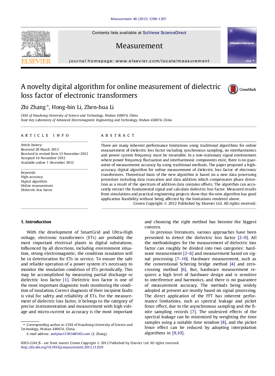 A novelty digital algorithm for online measurement of dielectric loss factor of electronic transformers