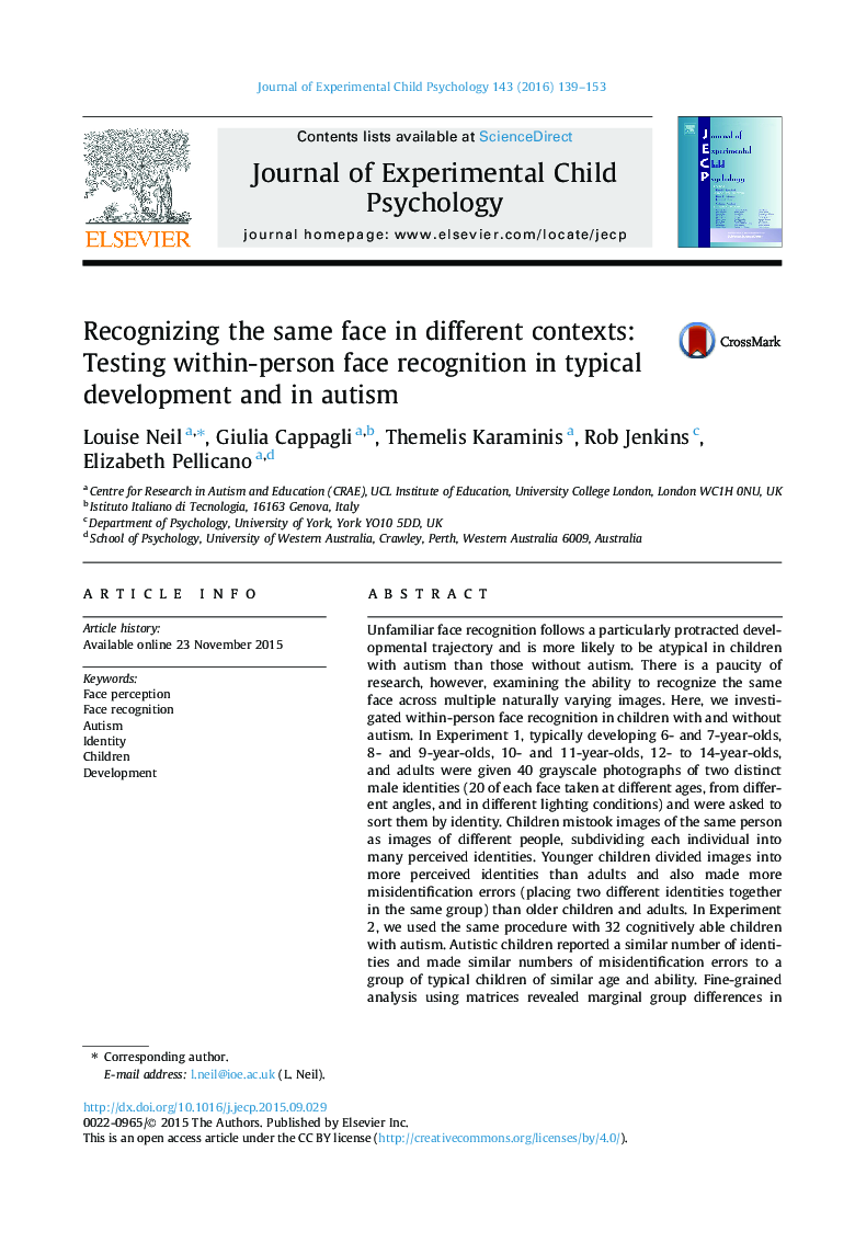 Recognizing the same face in different contexts: Testing within-person face recognition in typical development and in autism