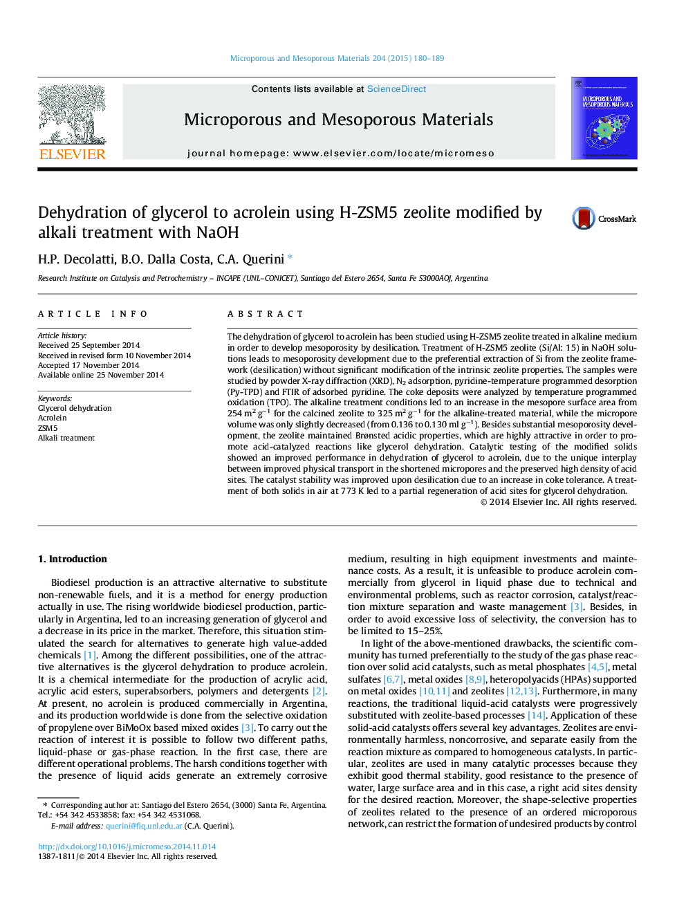 Dehydration of glycerol to acrolein using H-ZSM5 zeolite modified by alkali treatment with NaOH