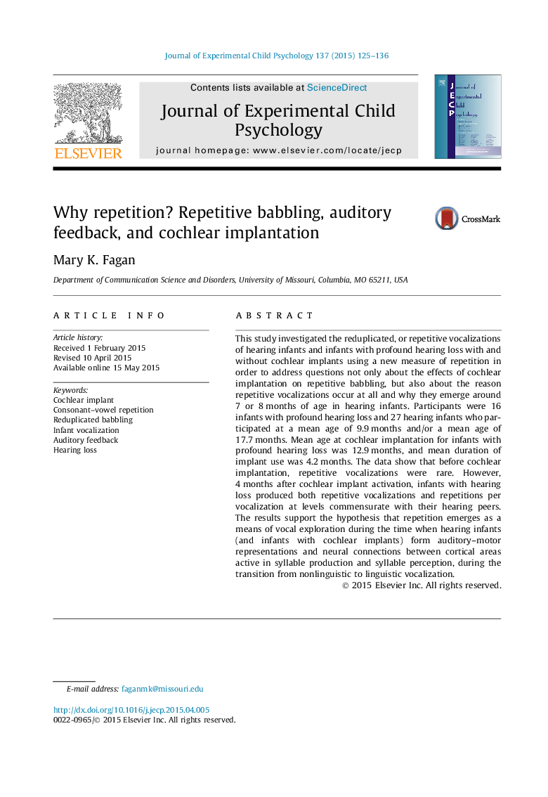 Why repetition? Repetitive babbling, auditory feedback, and cochlear implantation