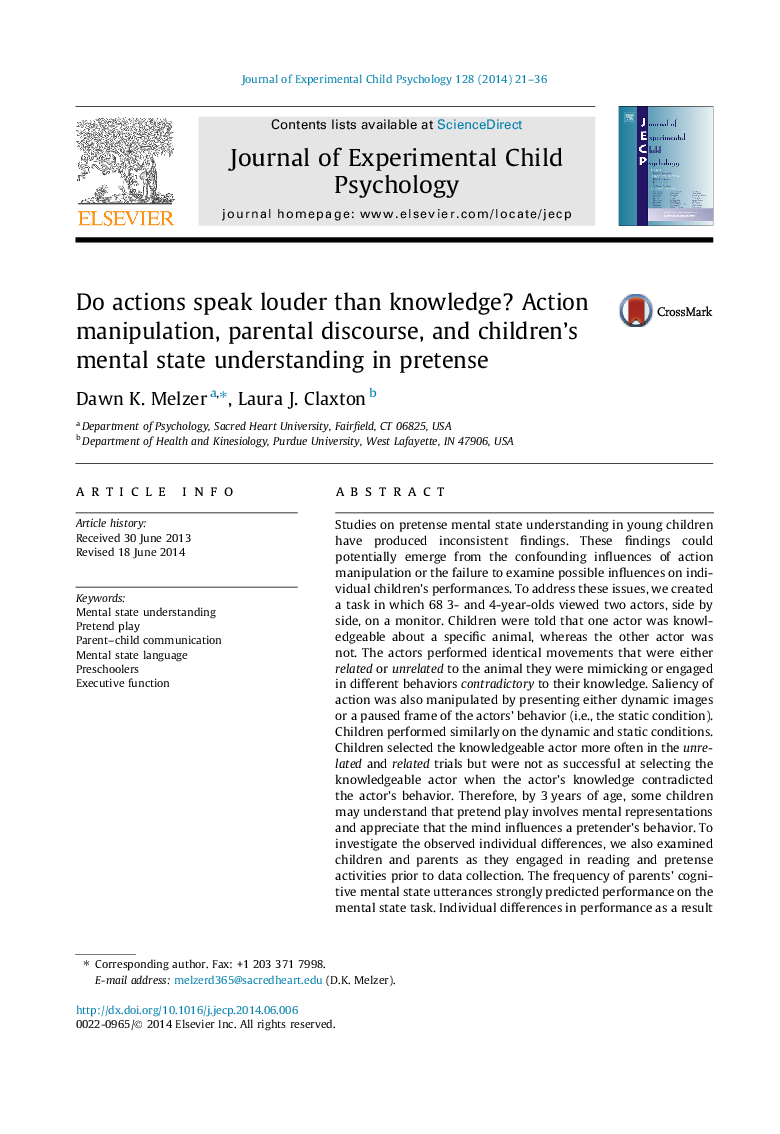 Do actions speak louder than knowledge? Action manipulation, parental discourse, and children's mental state understanding in pretense