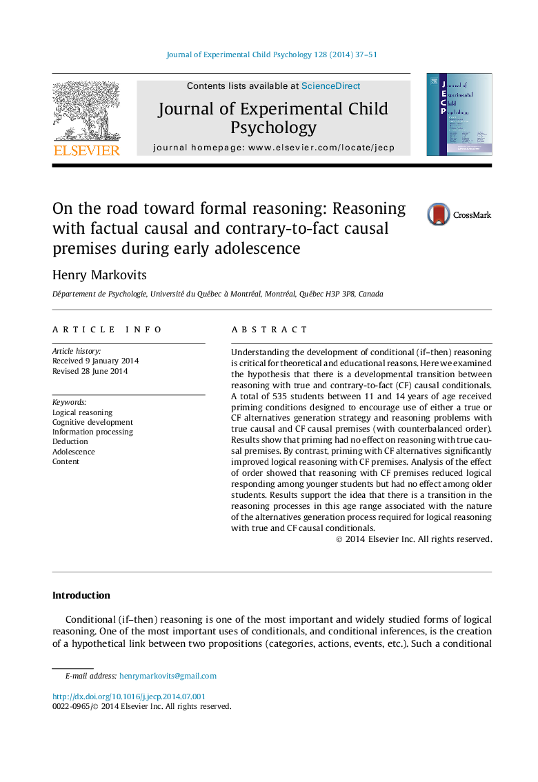 On the road toward formal reasoning: Reasoning with factual causal and contrary-to-fact causal premises during early adolescence