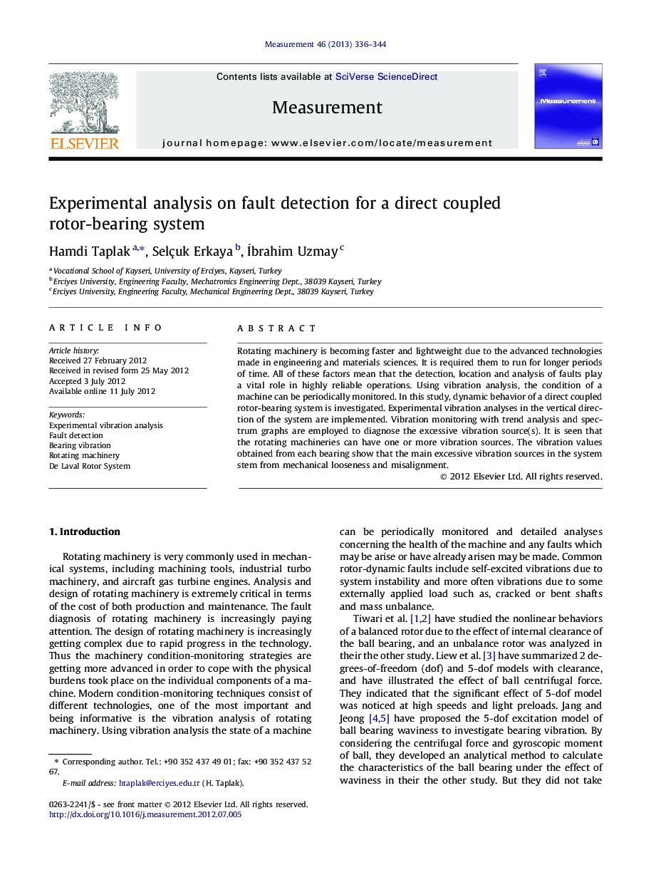 Experimental analysis on fault detection for a direct coupled rotor-bearing system