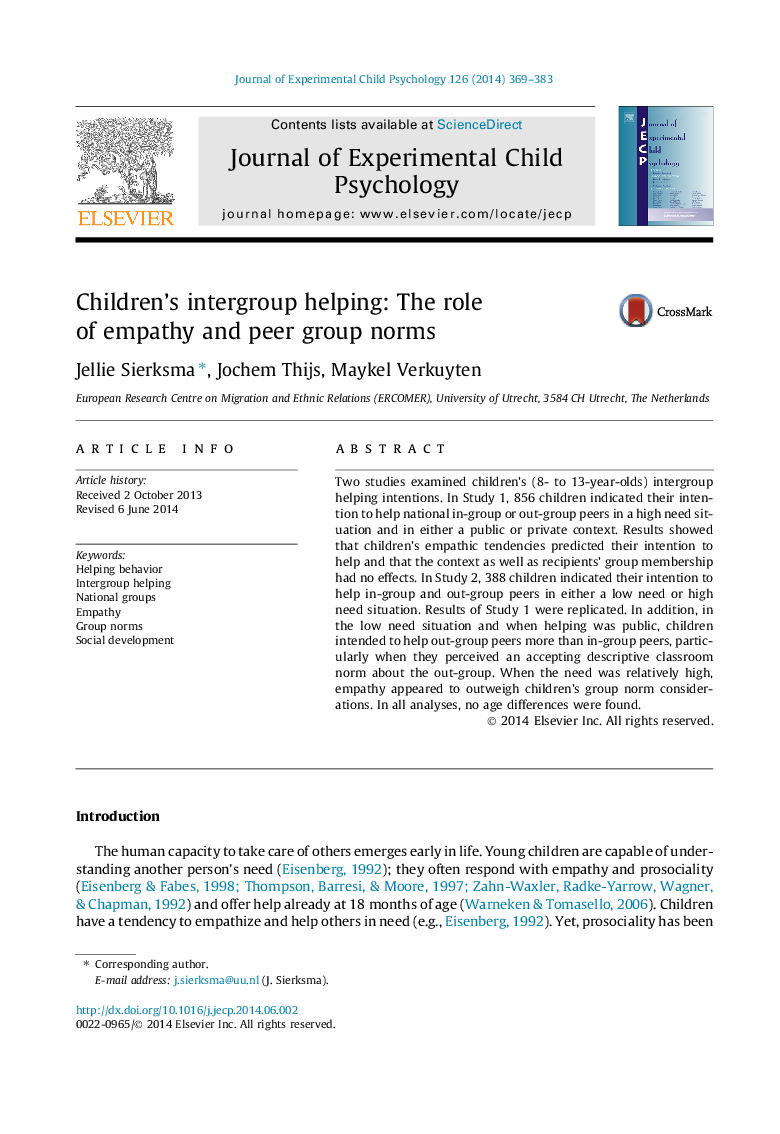 Children's intergroup helping: The role of empathy and peer group norms