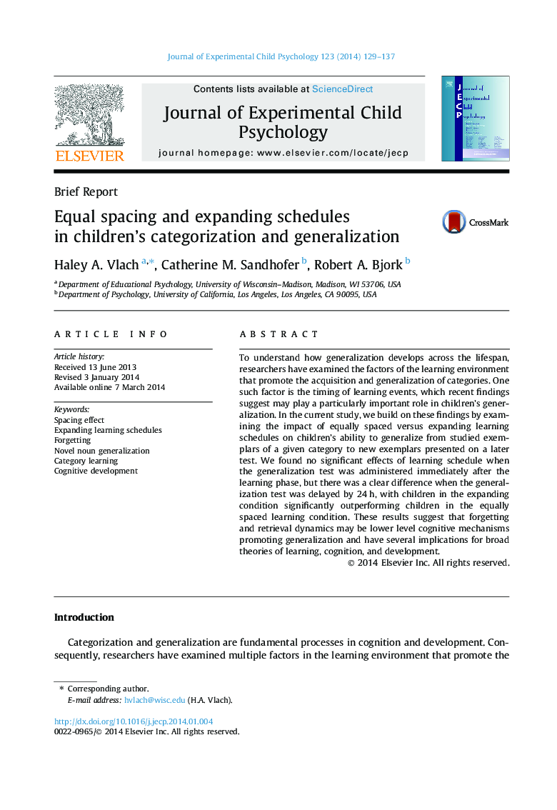 Equal spacing and expanding schedules in children's categorization and generalization