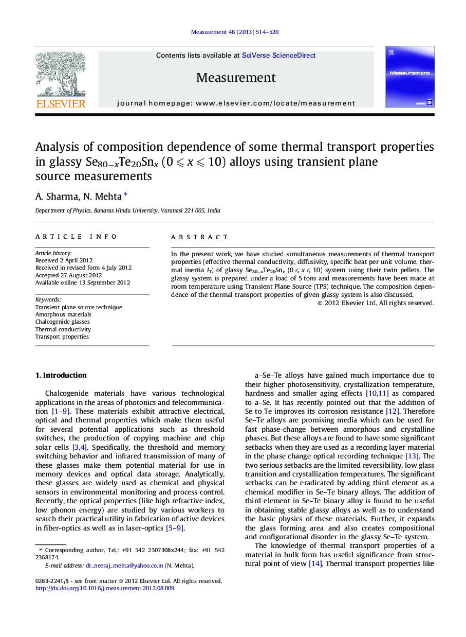 Analysis of composition dependence of some thermal transport properties in glassy Se80âxTe20Snx (0Â â©½Â xÂ â©½Â 10) alloys using transient plane source measurements