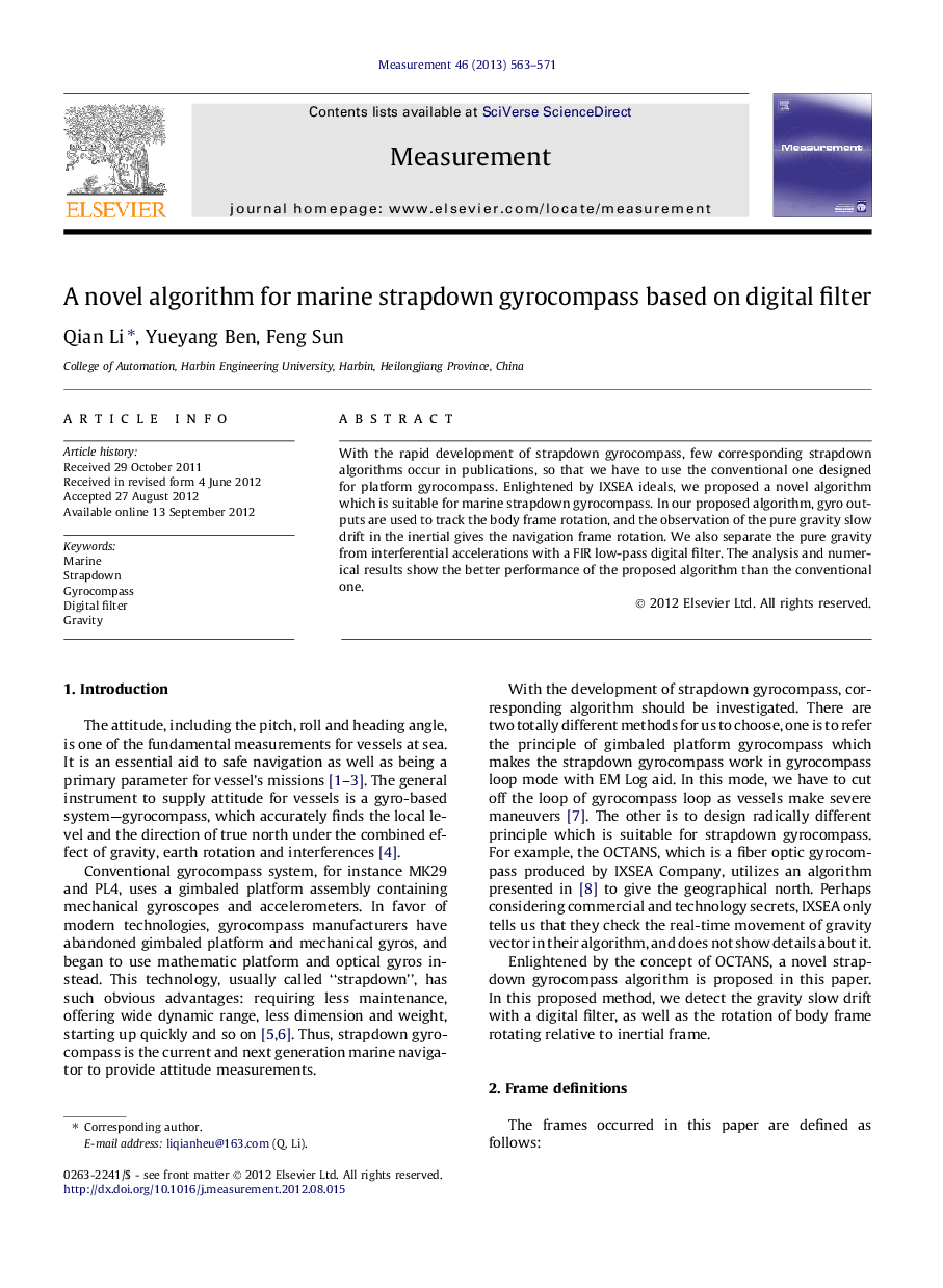 عکس صفحه اول مقاله: A novel algorithm for marine strapdown gyrocompass based on digital filter A novel algorithm for marine strapdown gyrocompass based on digital filter