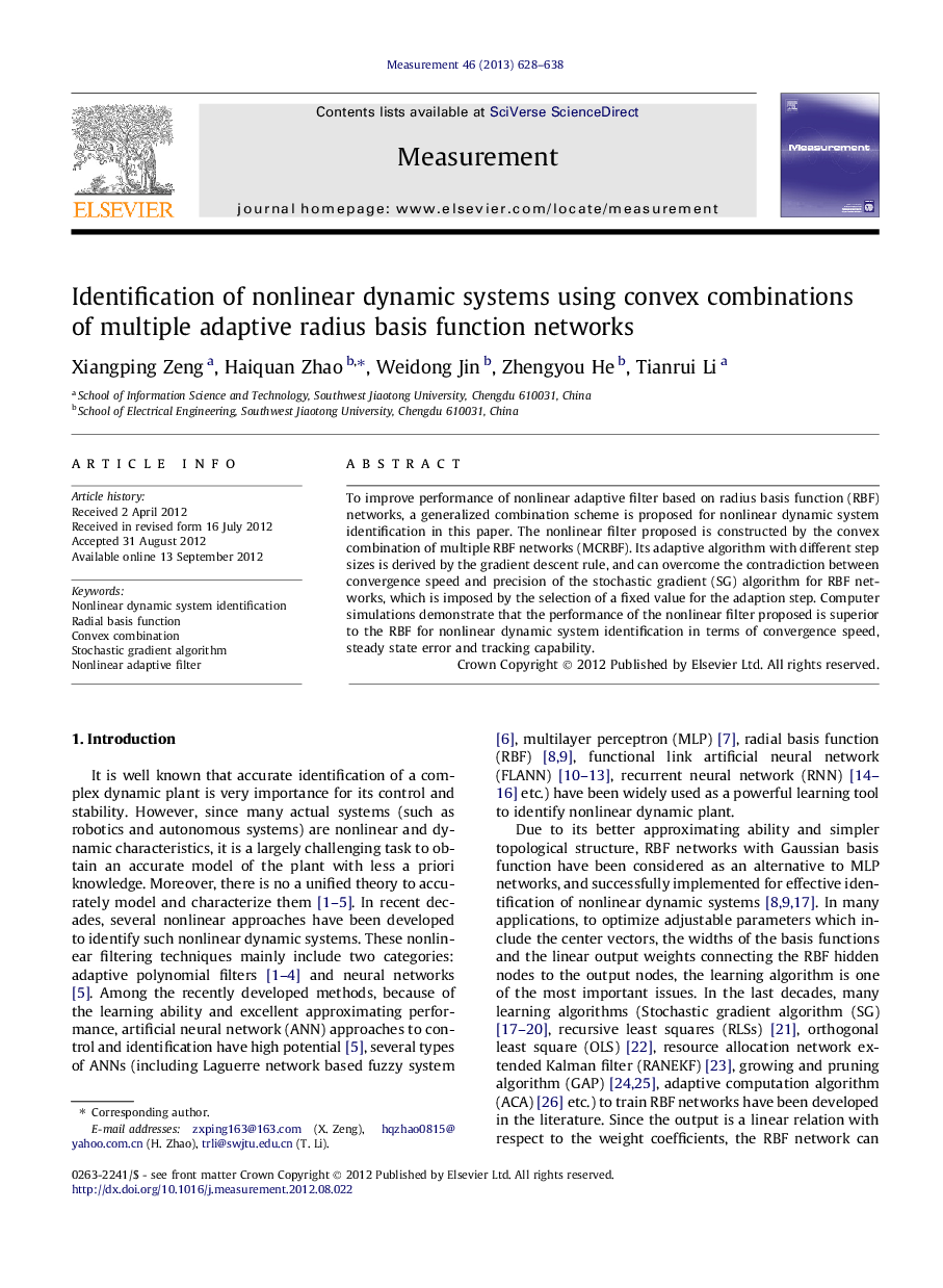 Identification of nonlinear dynamic systems using convex combinations of multiple adaptive radius basis function networks