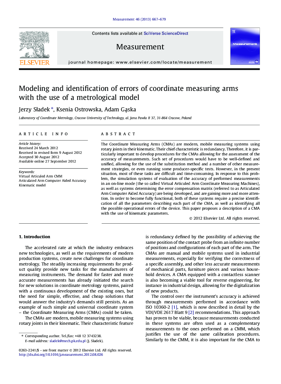 Modeling and identification of errors of coordinate measuring arms with the use of a metrological model