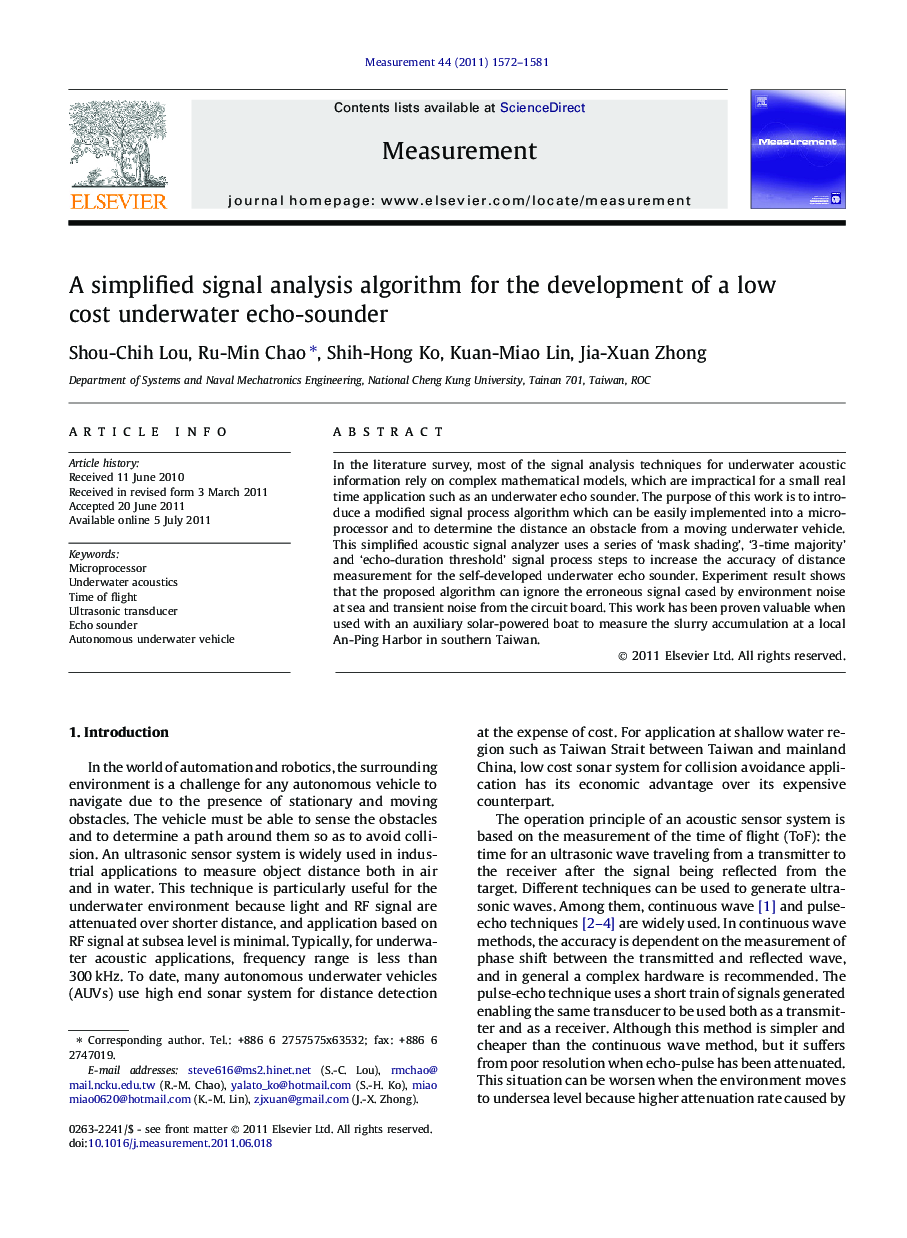 A simplified signal analysis algorithm for the development of a low cost underwater echo-sounder