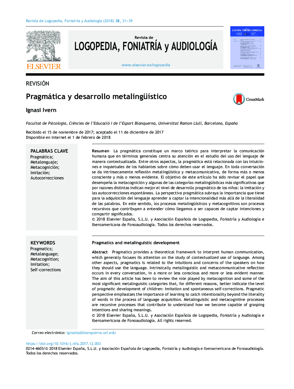 عکس صفحه اول مقاله: Pragmática y desarrollo metalingüÃstico Pragmática y desarrollo metalingüÃstico