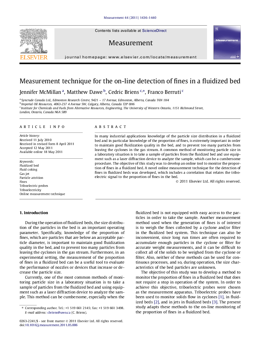 Measurement technique for the on-line detection of fines in a fluidized bed