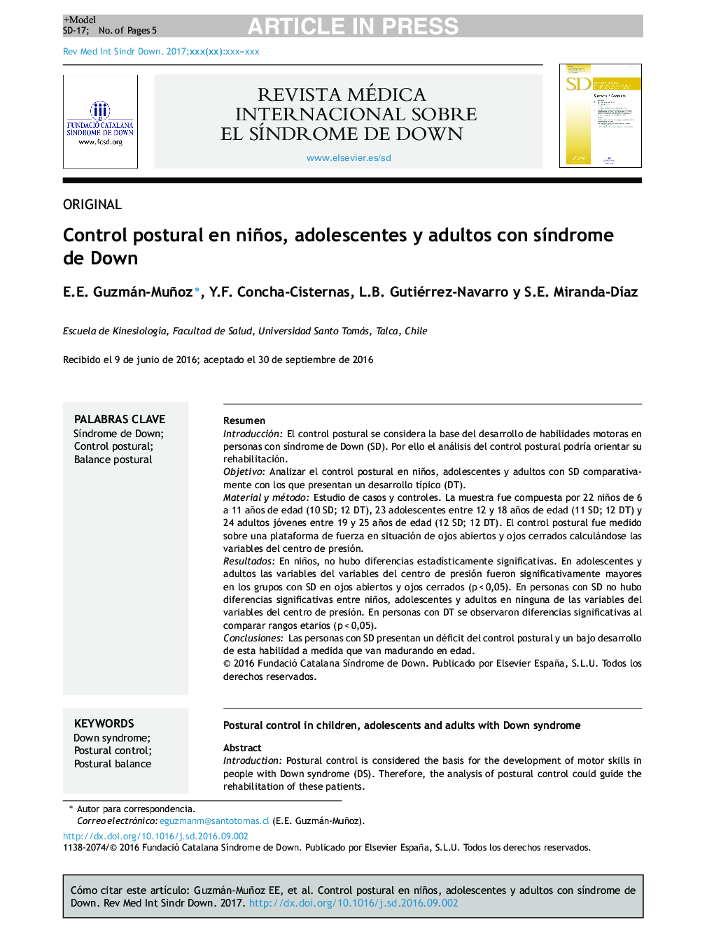 Control postural en niños, adolescentes y adultos con sÃ­ndrome de Down