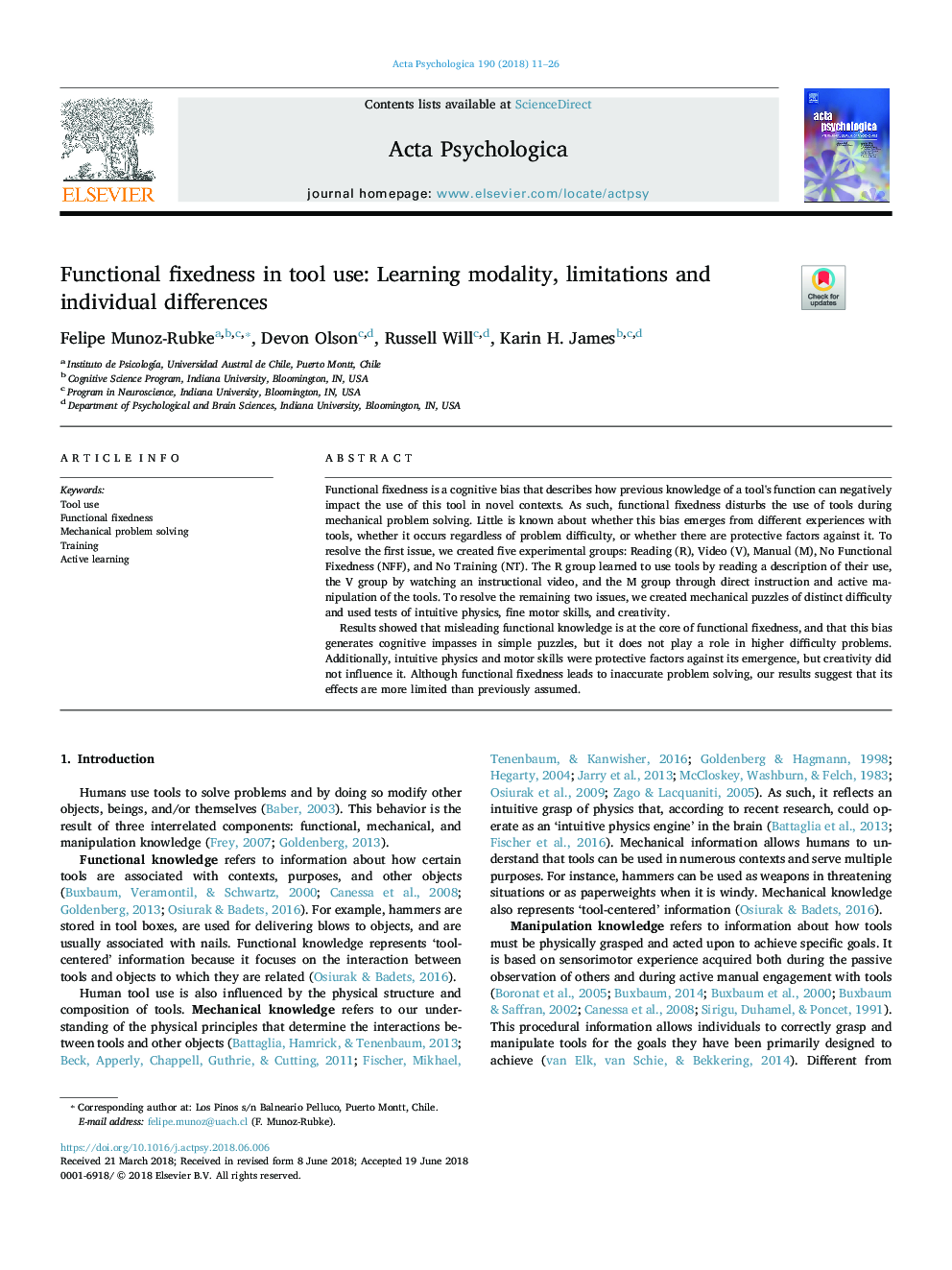 Functional fixedness in tool use: Learning modality, limitations and individual differences