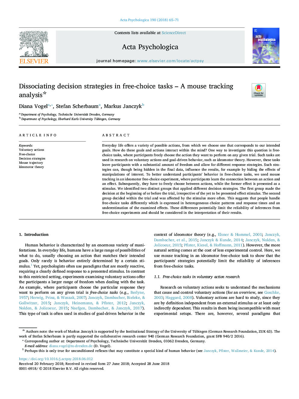 Dissociating decision strategies in free-choice tasks - A mouse tracking analysis