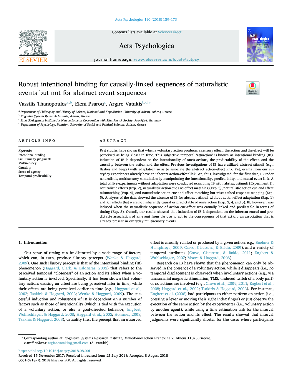 Robust intentional binding for causally-linked sequences of naturalistic events but not for abstract event sequences