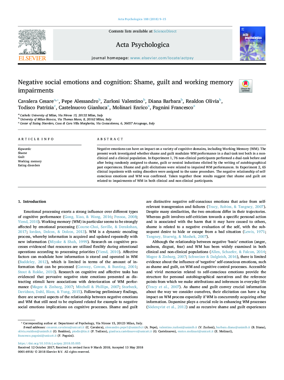 Negative social emotions and cognition: Shame, guilt and working memory impairments