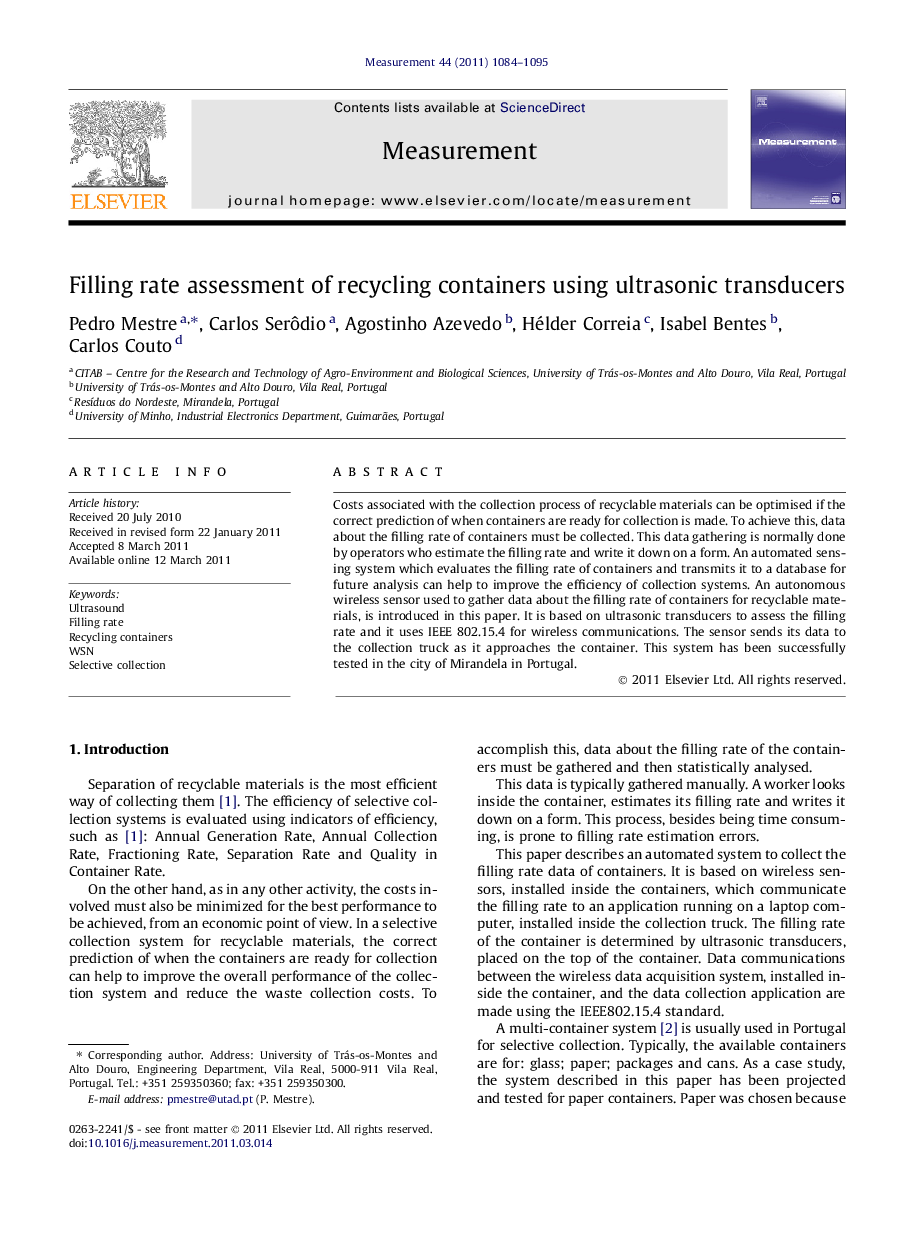 Filling rate assessment of recycling containers using ultrasonic transducers