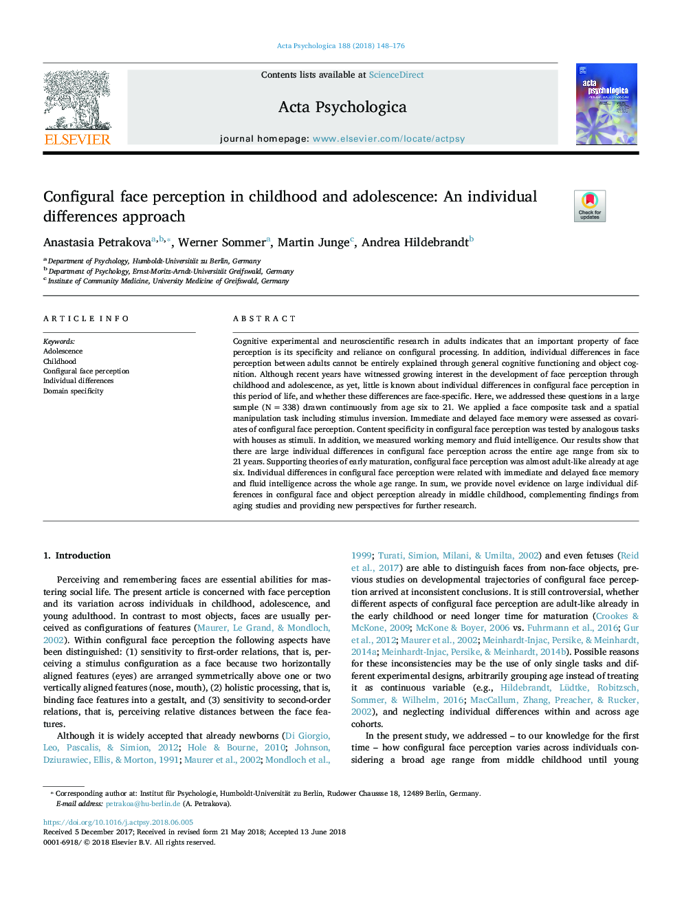 Configural face perception in childhood and adolescence: An individual differences approach