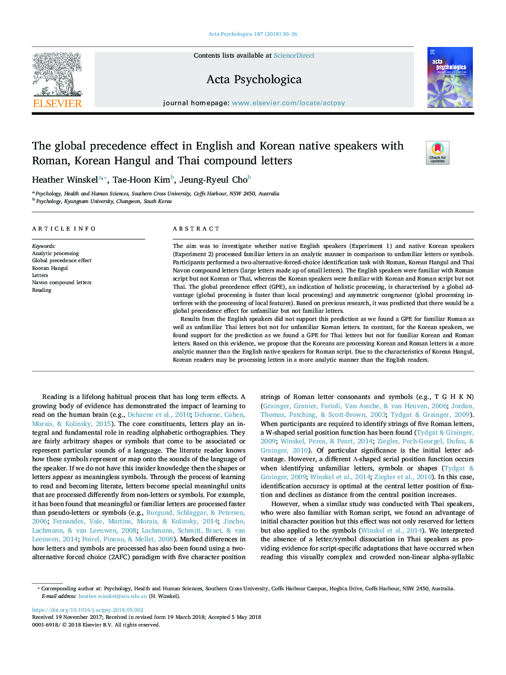 The global precedence effect in English and Korean native speakers with Roman, Korean Hangul and Thai compound letters