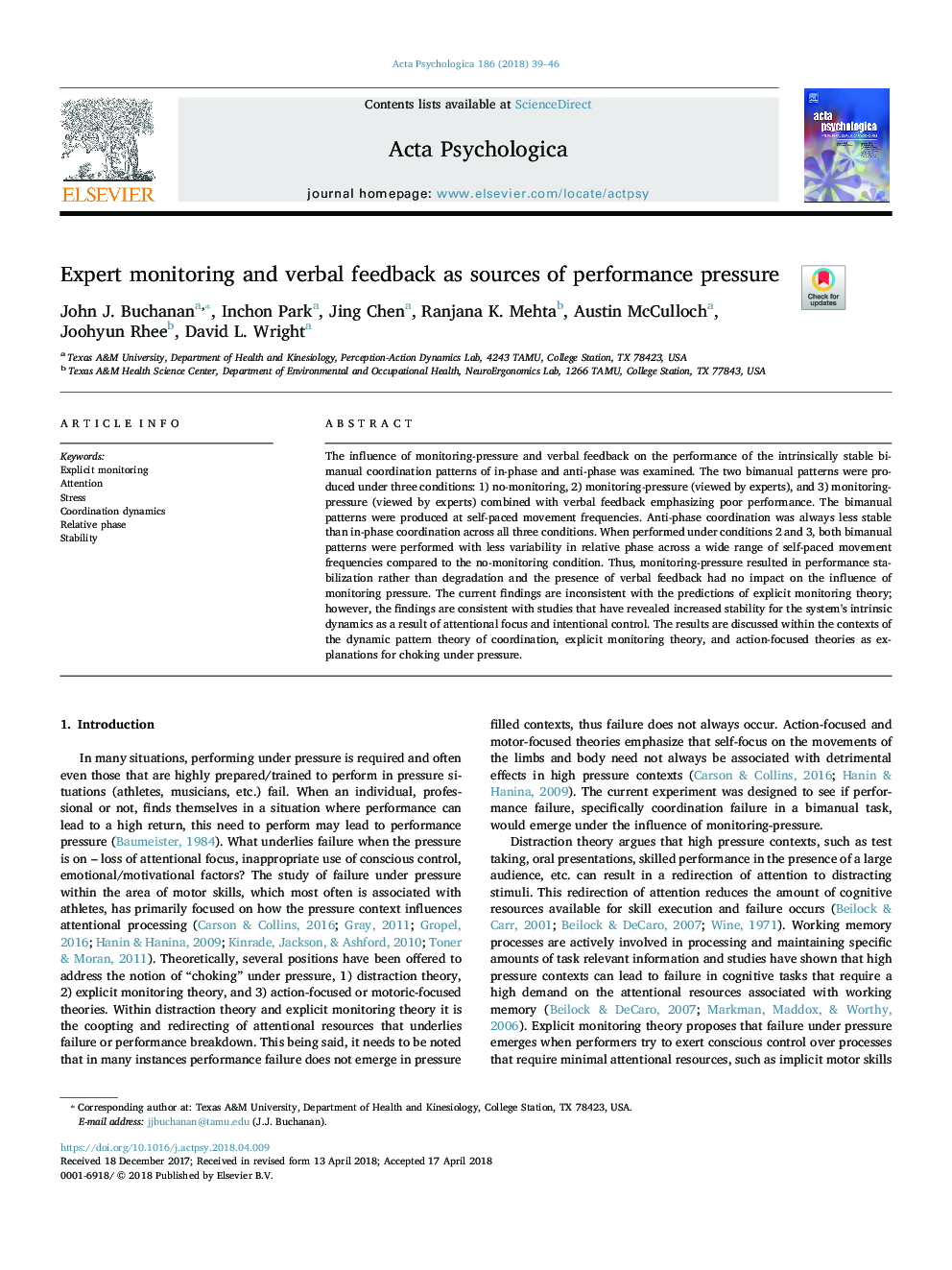 Expert monitoring and verbal feedback as sources of performance pressure