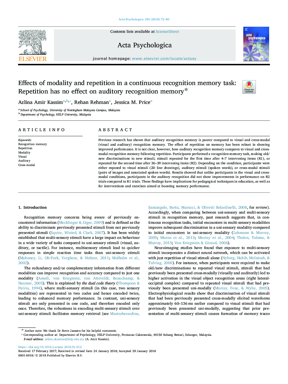 Effects of modality and repetition in a continuous recognition memory task: Repetition has no effect on auditory recognition memory