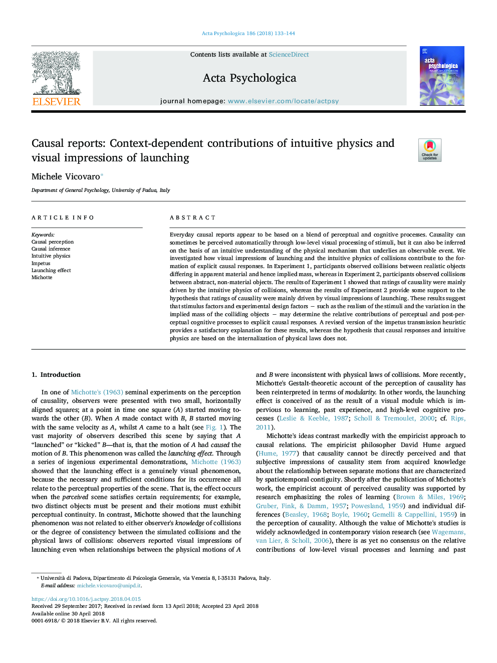 Causal reports: Context-dependent contributions of intuitive physics and visual impressions of launching