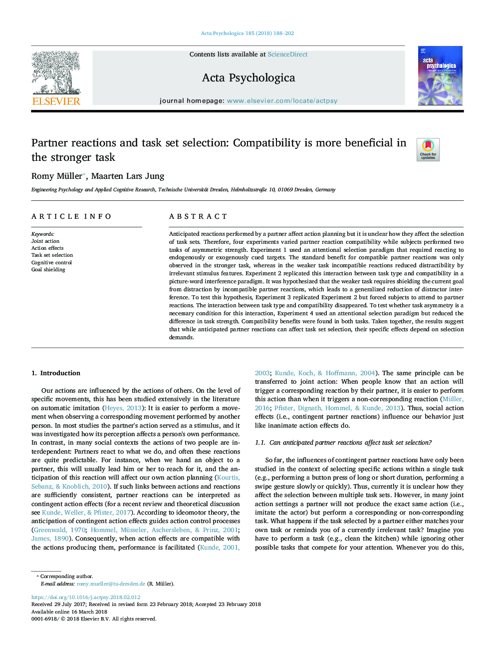 Partner reactions and task set selection: Compatibility is more beneficial in the stronger task
