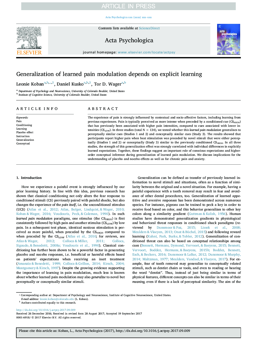 Generalization of learned pain modulation depends on explicit learning