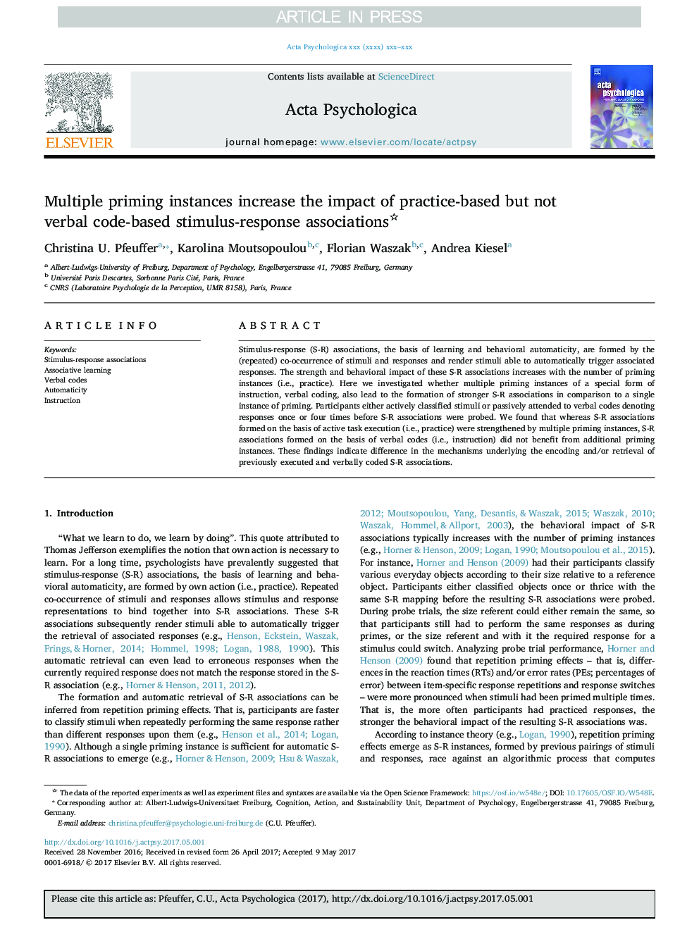 Multiple priming instances increase the impact of practice-based but not verbal code-based stimulus-response associations