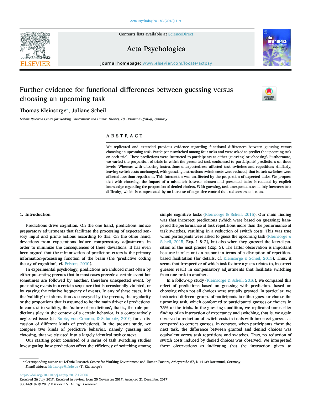 Further evidence for functional differences between guessing versus choosing an upcoming task