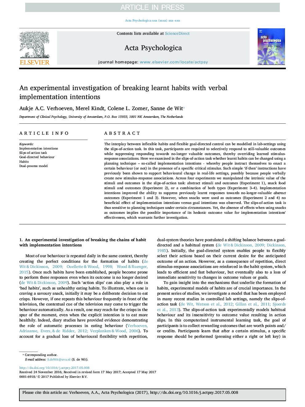 An experimental investigation of breaking learnt habits with verbal implementation intentions