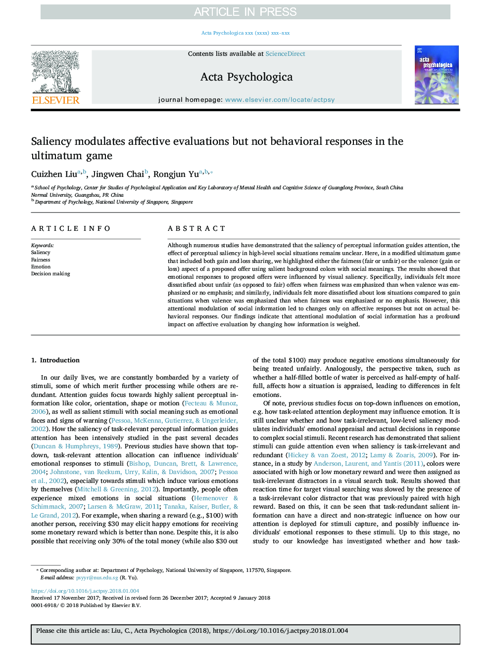 Saliency modulates affective evaluations but not behavioral responses in the ultimatum game