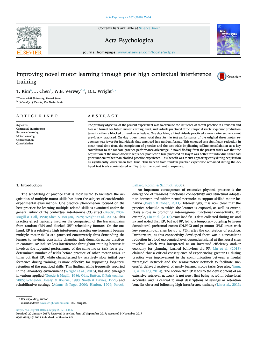 Improving novel motor learning through prior high contextual interference training