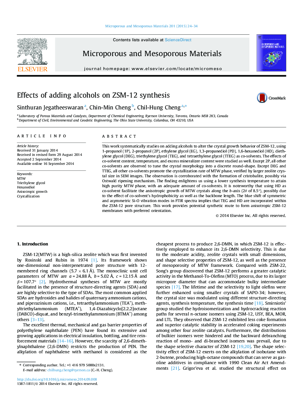 Effects of adding alcohols on ZSM-12 synthesis