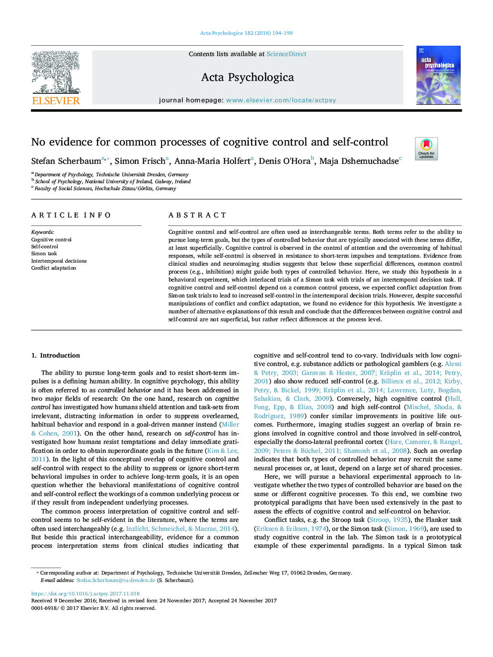 No evidence for common processes of cognitive control and self-control