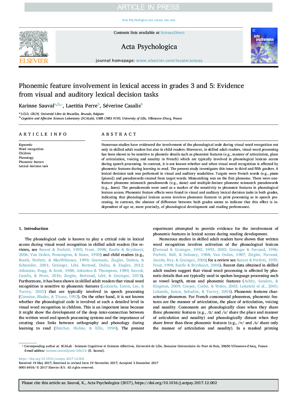 Phonemic feature involvement in lexical access in grades 3 and 5: Evidence from visual and auditory lexical decision tasks