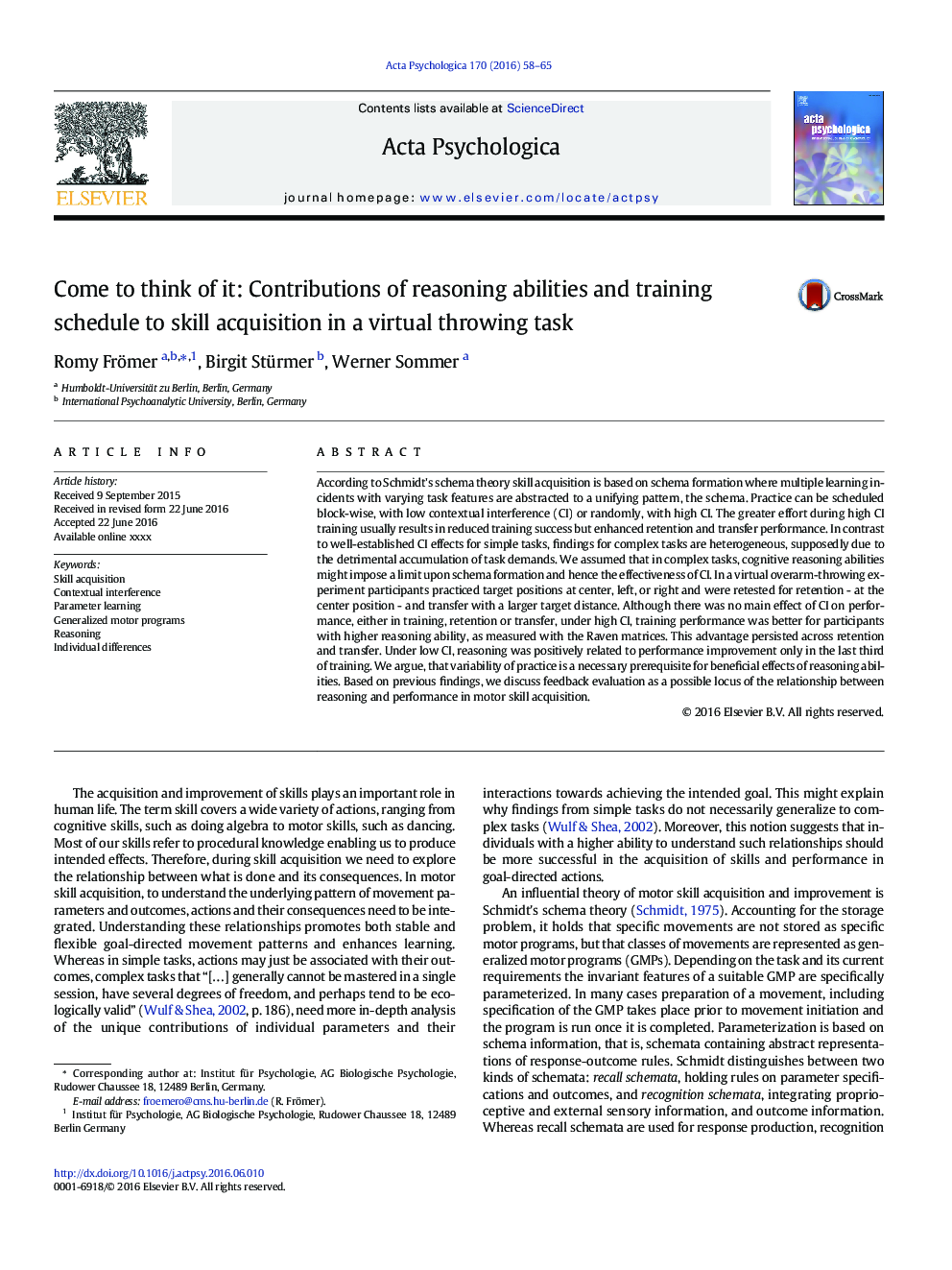 Come to think of it: Contributions of reasoning abilities and training schedule to skill acquisition in a virtual throwing task