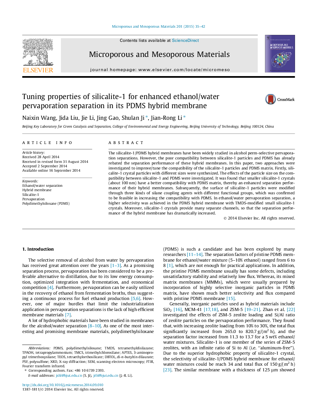 Tuning properties of silicalite-1 for enhanced ethanol/water pervaporation separation in its PDMS hybrid membrane