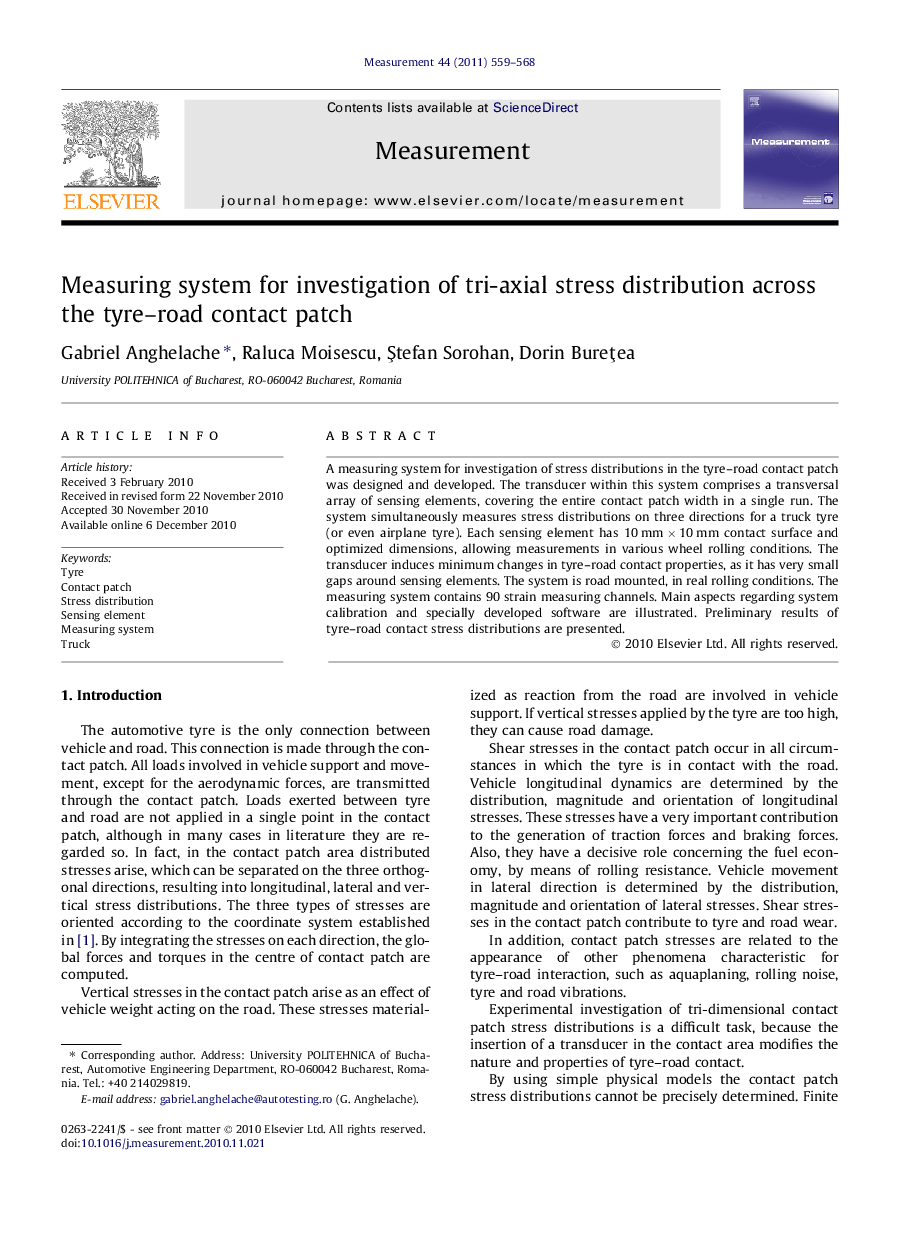 Measuring system for investigation of tri-axial stress distribution across the tyre–road contact patch