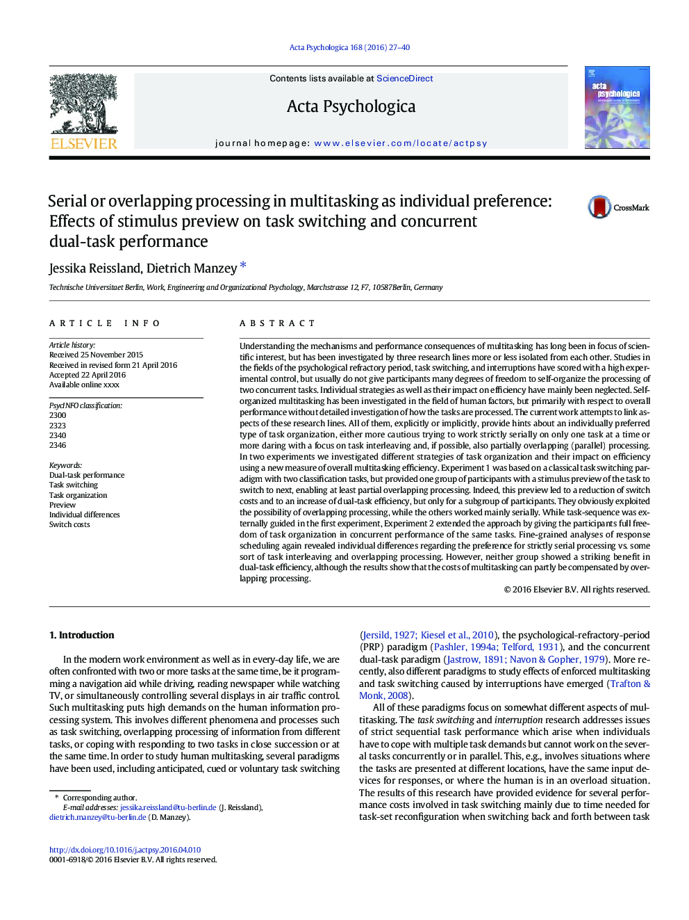 Serial or overlapping processing in multitasking as individual preference: Effects of stimulus preview on task switching and concurrent dual-task performance