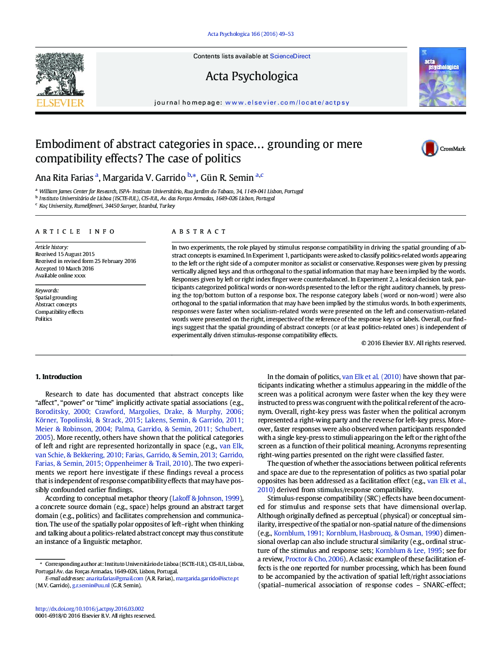 Embodiment of abstract categories in spaceâ¦ grounding or mere compatibility effects? The case of politics