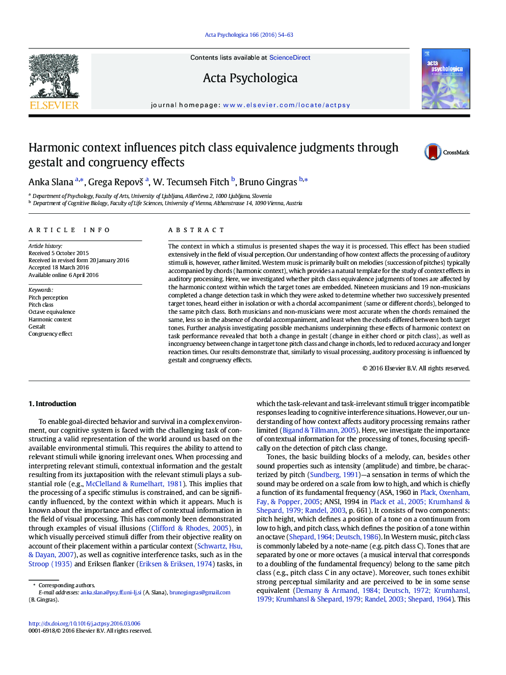 Harmonic context influences pitch class equivalence judgments through gestalt and congruency effects