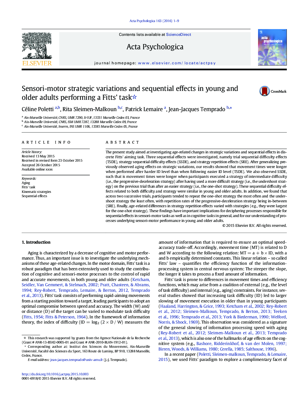 Sensori-motor strategic variations and sequential effects in young and older adults performing a Fitts' task