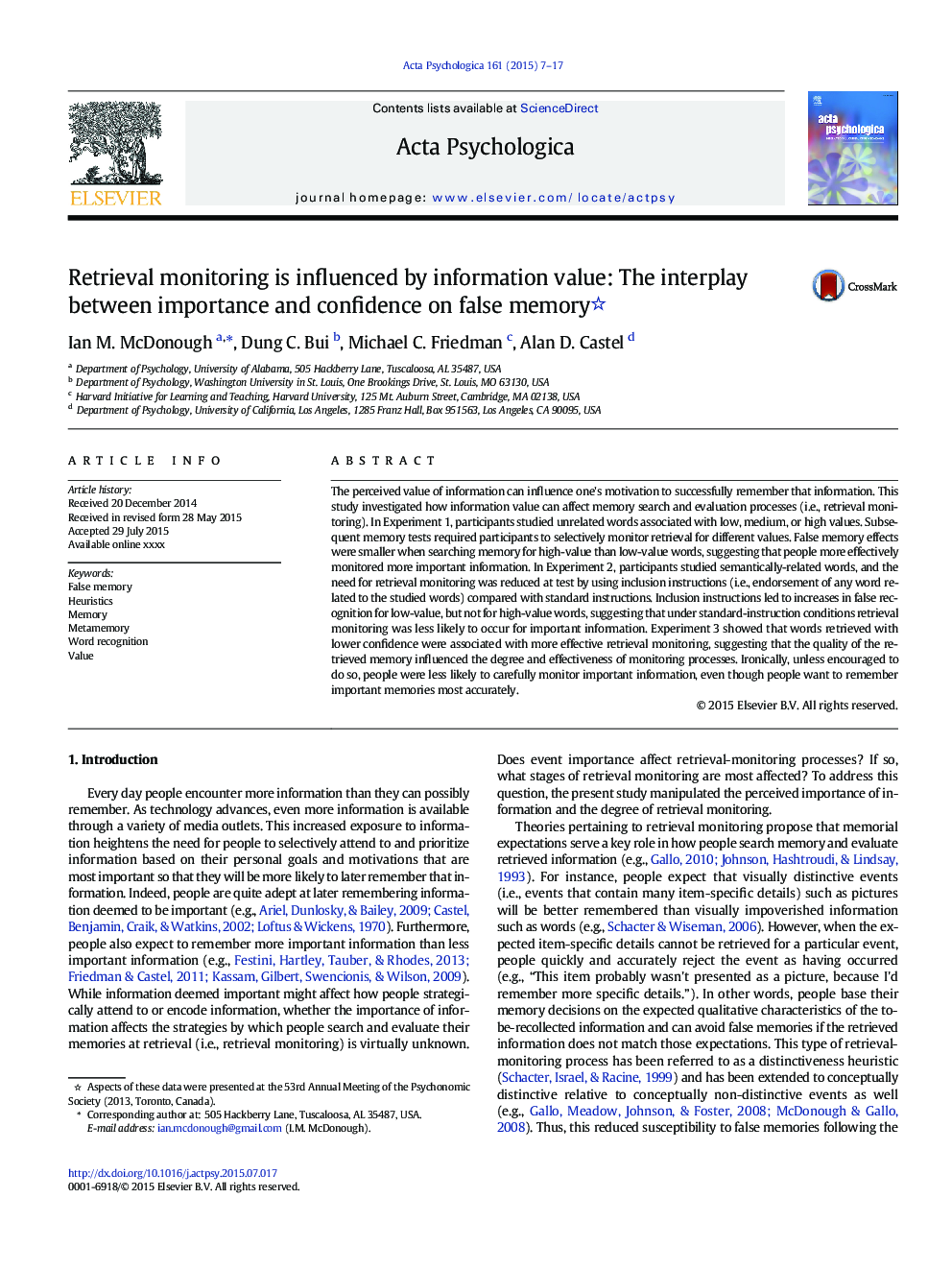 Retrieval monitoring is influenced by information value: The interplay between importance and confidence on false memory