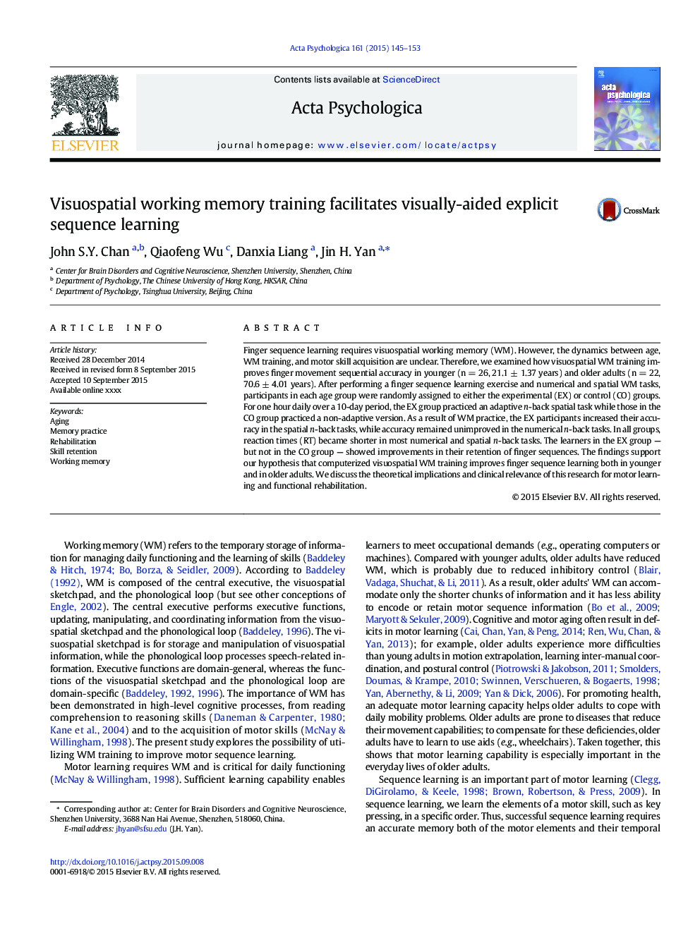 Visuospatial working memory training facilitates visually-aided explicit sequence learning