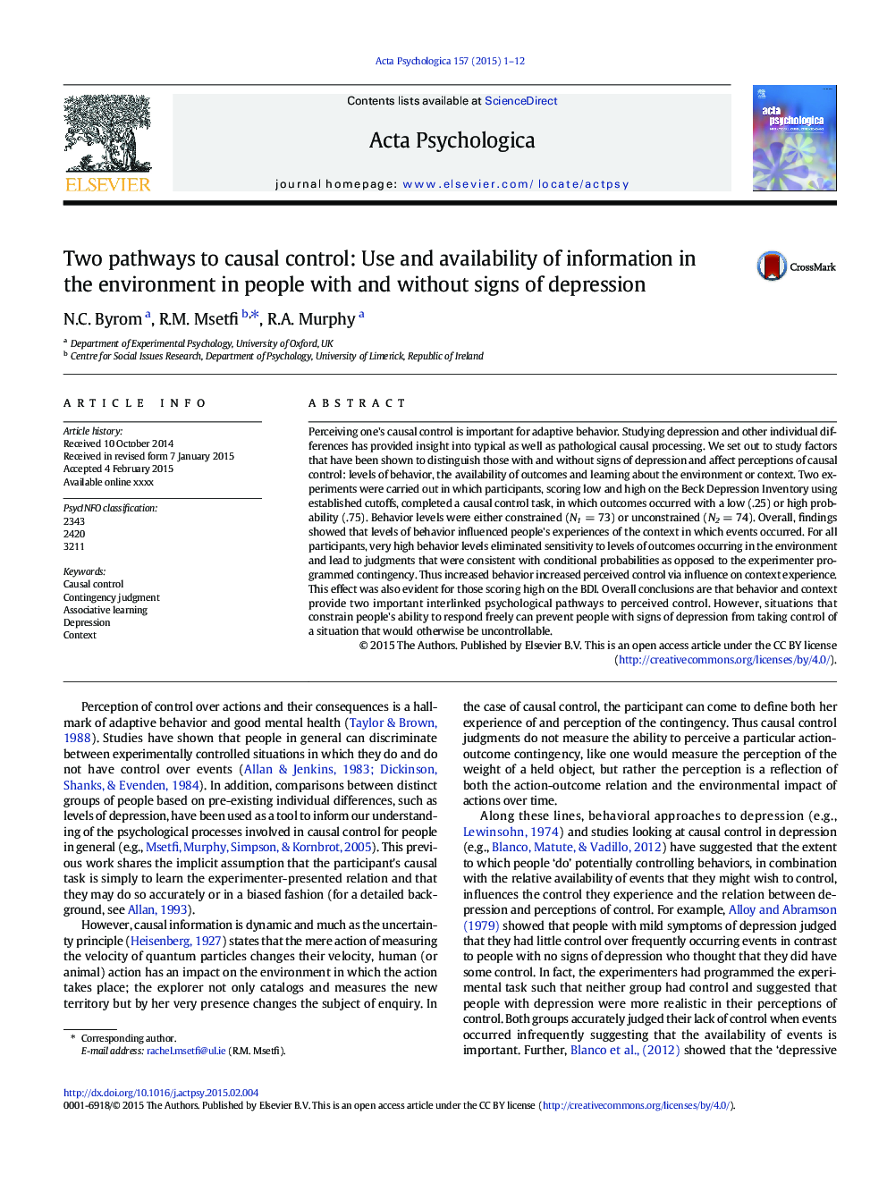 Two pathways to causal control: Use and availability of information in the environment in people with and without signs of depression