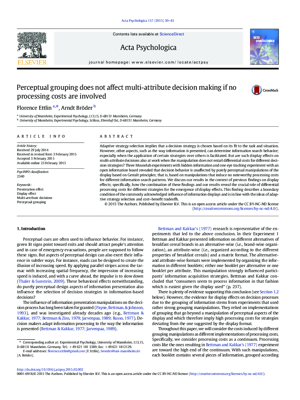 Perceptual grouping does not affect multi-attribute decision making if no processing costs are involved