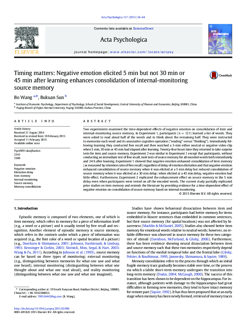 Timing matters: Negative emotion elicited 5Â min but not 30Â min or 45Â min after learning enhances consolidation of internal-monitoring source memory